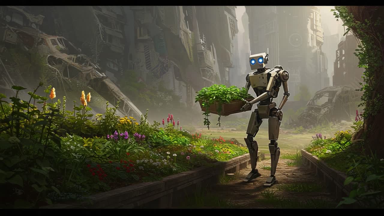 En medfølende robot som steller liv blant ruiner, som viser naturens motstandskraft og håp i en forlatt verden av futuristisk forfall