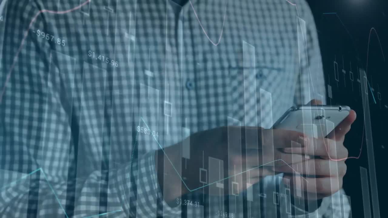 animación de estadísticas y procesamiento de datos financieros sobre el hombre utilizando teléfonos inteligentes