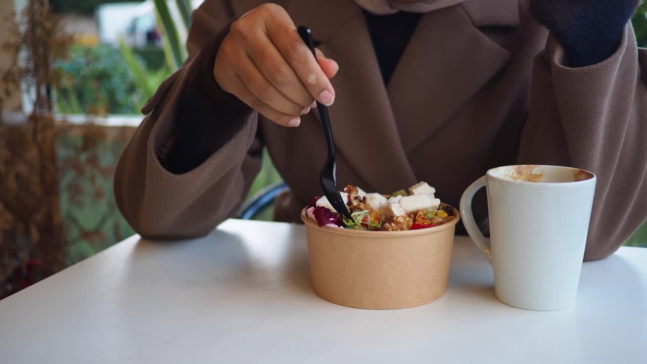 Eating Healthy Salad with Coffee