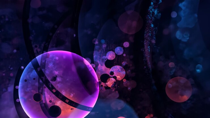 Bagliore iniziale che genera una sfera rosa-viola che fluttua a destra in uno sfondo fluido con sfere blu e arancioni