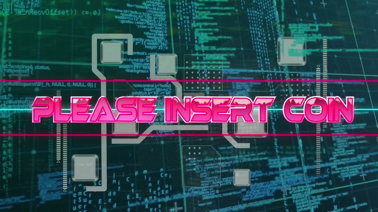 마이크로프로세서 연결에 대항하여 네온 배너 위의 시작 텍스트의 디지털 애니메이션