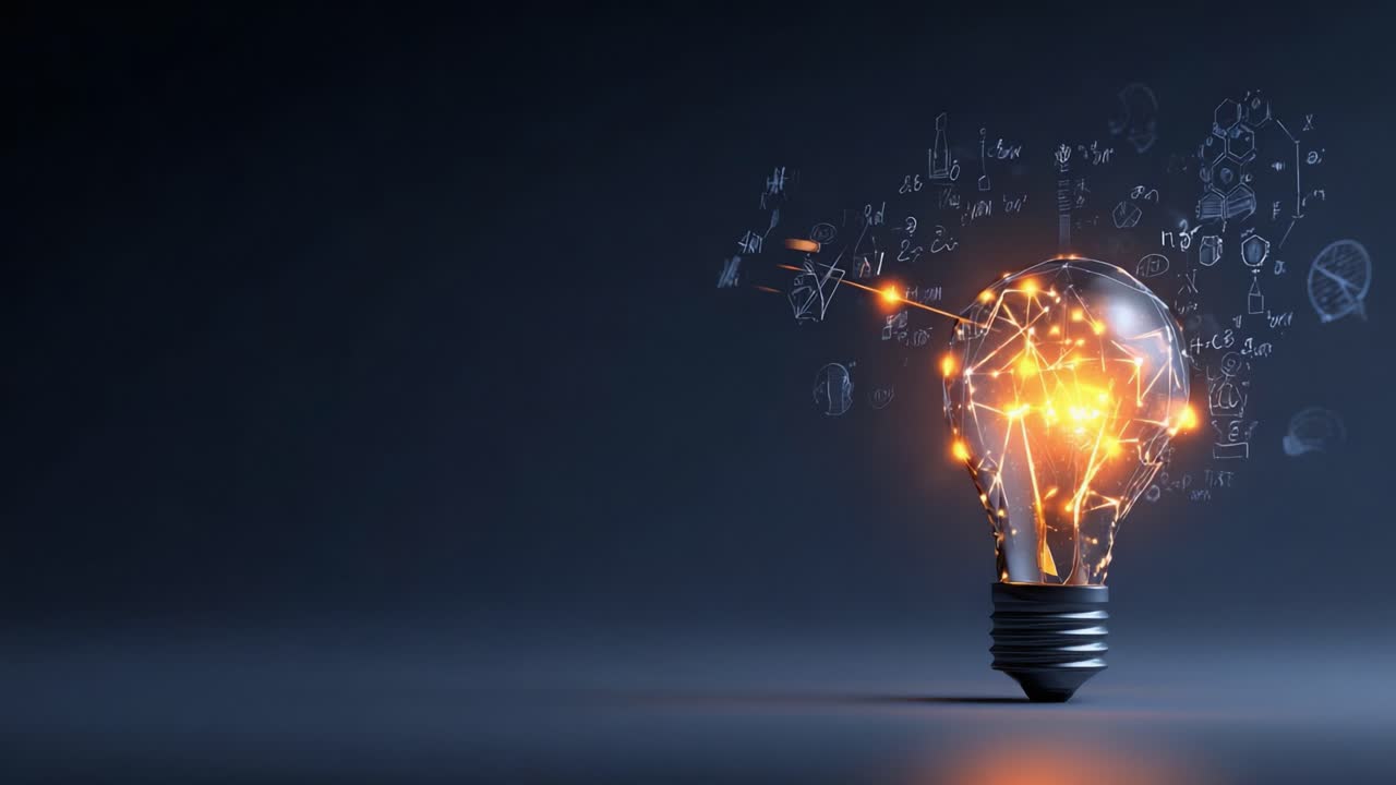Innovative Concept of a Glowing Light Bulb with Sparks and Scientific Equations Representing Ideas, Creativity, and Brightness in a Modern Setting