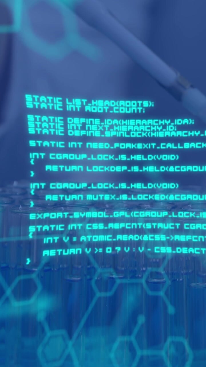 Animation of data processing and chemical formula over scientist