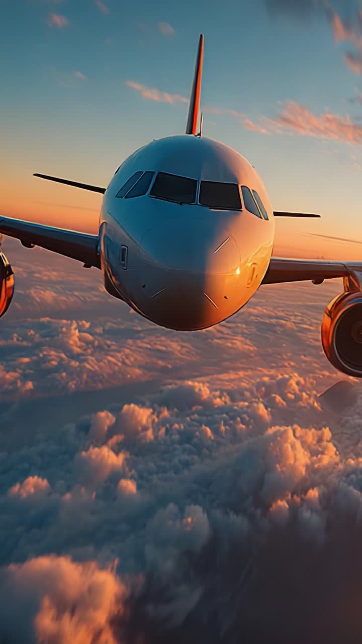 Vistas Cativantes do Nascer do Sol de um Avião: Um vislumbre do céu acima das nuvens capturando um avião deslizando por horizontes laranja e azuis deslumbrantes