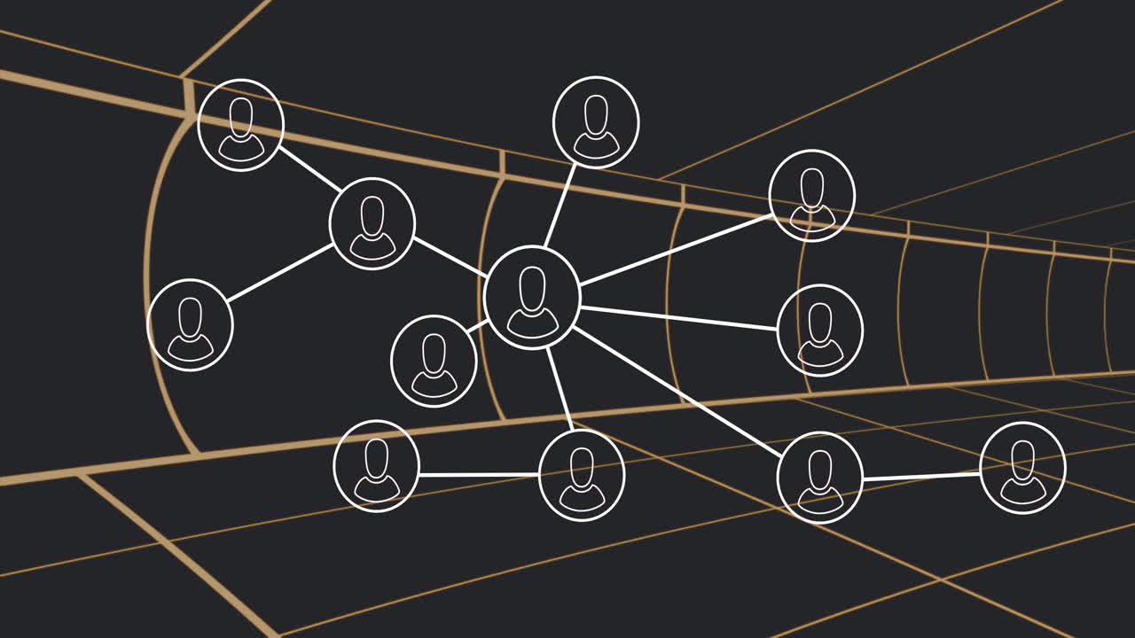Animation of interconnected user icons over geometric background in digital network