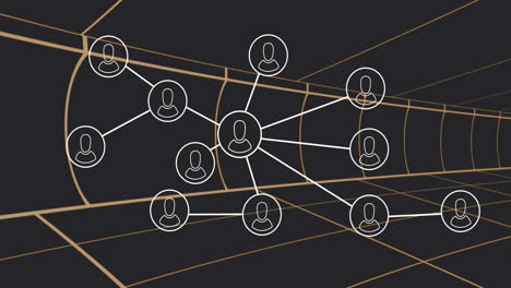 animation of interconnected user icons over geometric background in digital network