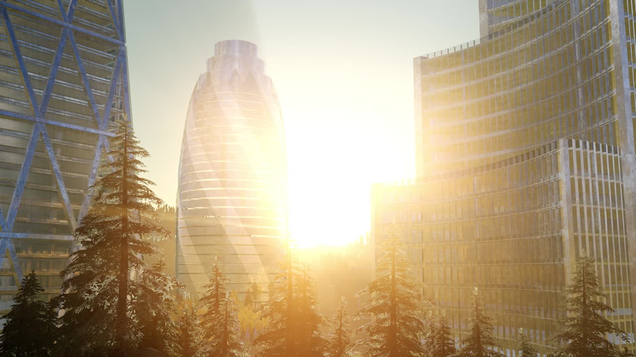 Paisagem Urbana com Arranha-Céus ao Pôr do Sol