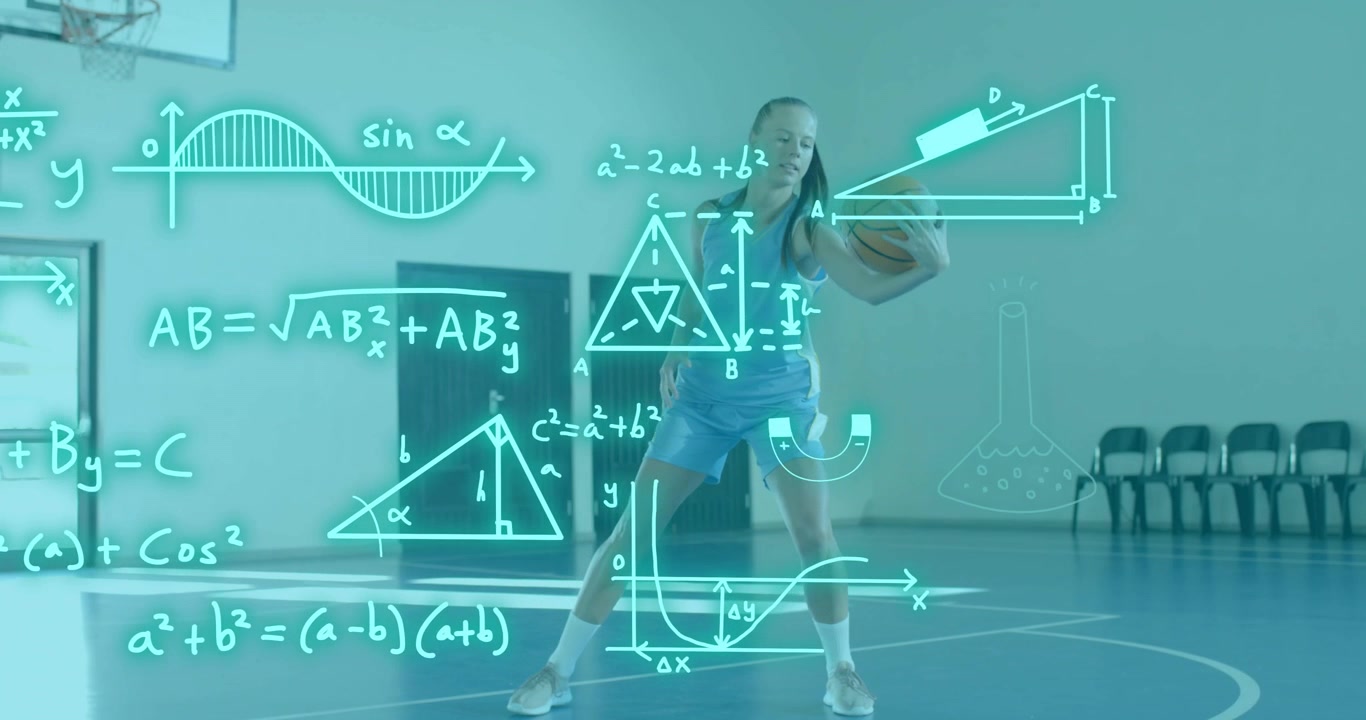 Basketball player entering court, dribbling basketball, generating STEM graph and formula overlays