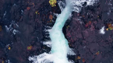 aerial: top down close view of bruarfoss cascading waterfall in southern iceland that is very picturesque with the beautiful blue cascade of falls into the plunge pool below