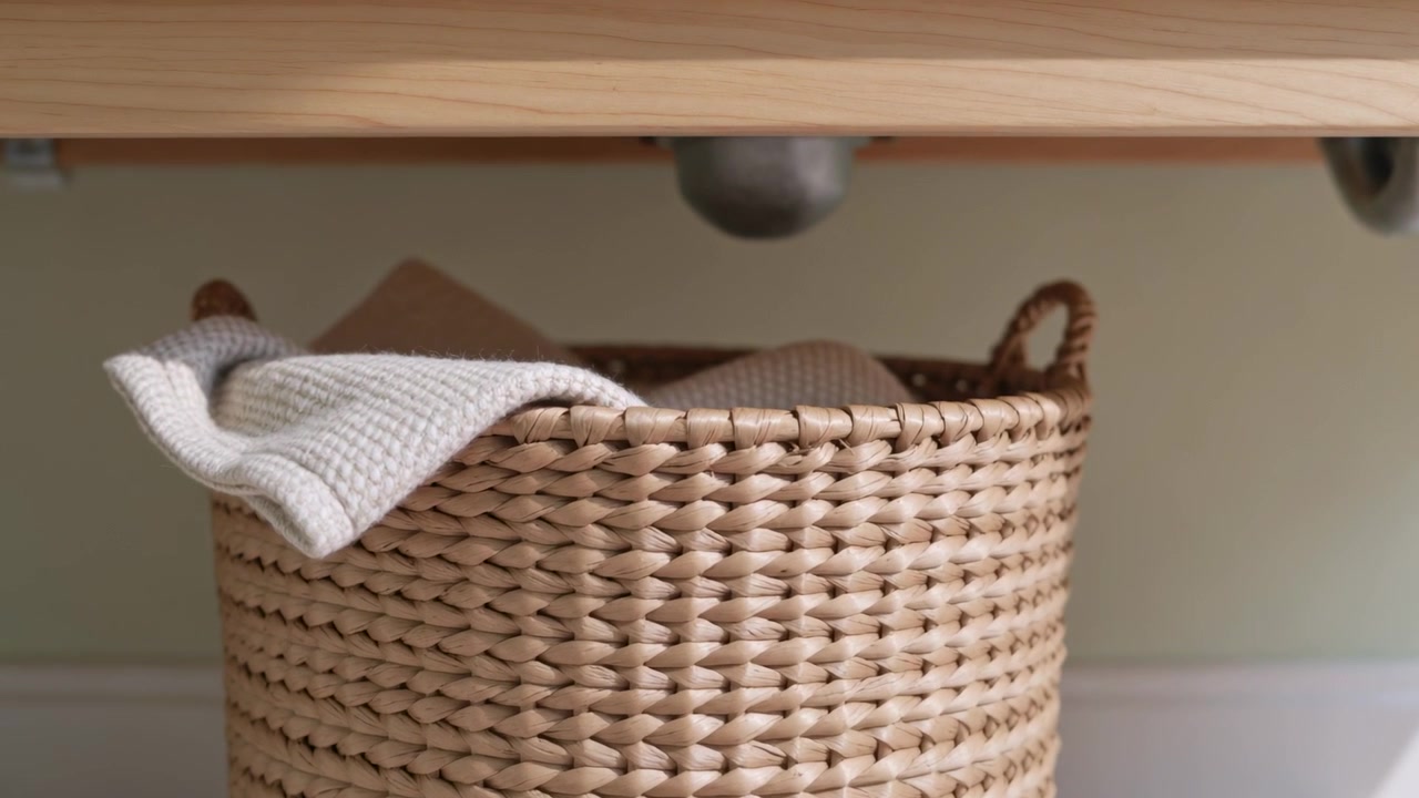 Zooming camera drawing closer to woven basket under wood shelf, highlighting textured cloth inside
