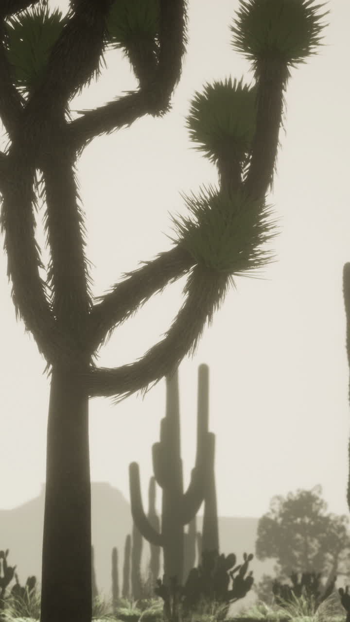 Cacti silhouetted against bright sky in desert landscape at sunset