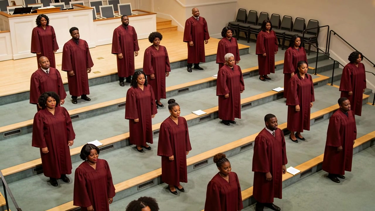 Singing choir in maroon robes on church risers after conductor cue, with sheet music for worship
