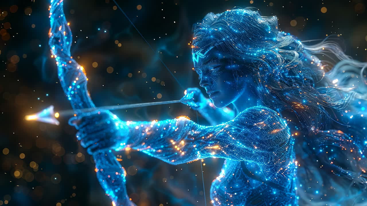 Archer lights up night sky. A woman pulls back a bow string while aiming an arrow with glowing energy