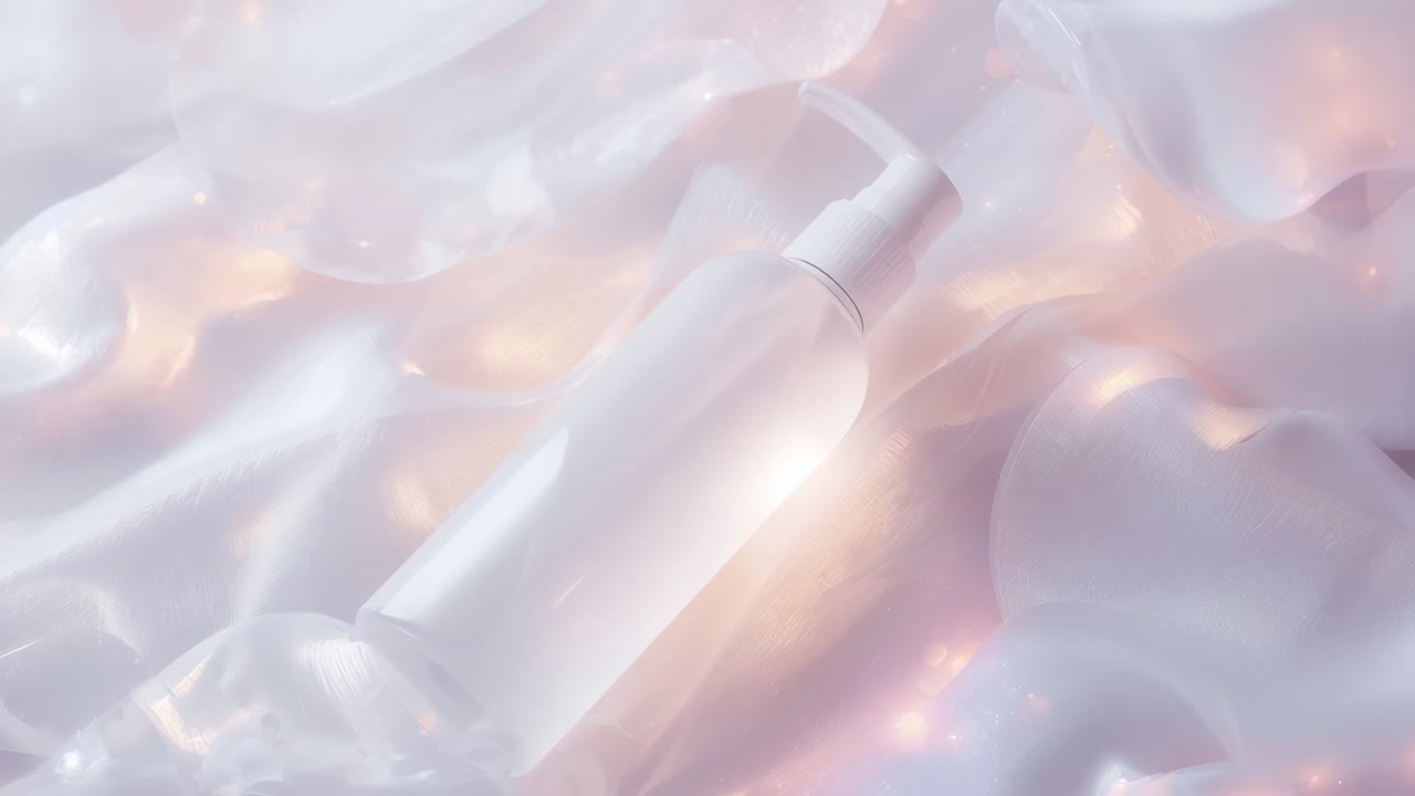 After pause camera panning silk fabric highlighting bottle nozzle contours with sparkles