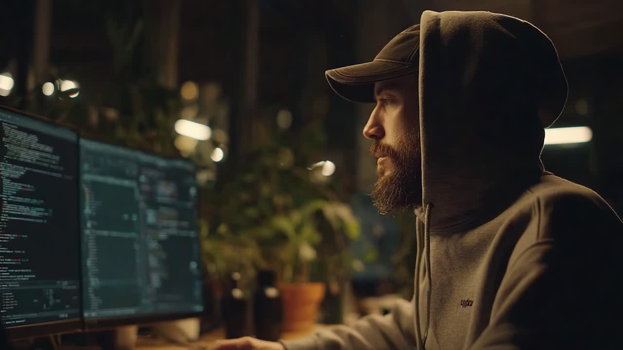 Focused Programmer Centered in Dimly Lit Room, Working Intensively on Code with Multiple Monitors Surrounded by Greenery, Showcasing a Blend of Technology and Nature