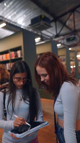 dos mujeres jóvenes colaborando en una tableta en una biblioteca moderna