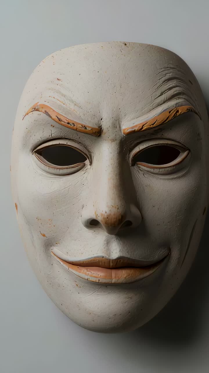 Vertical video: Shifting light sweeping across painted plaster mask at wall, altering contours