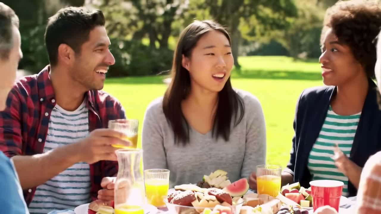 A Joyous Outdoor Gathering with Friends Enjoying Food and Drinks on a Sunny Day, Sharing Laughter and Making Memories in a Beautiful Park Setting