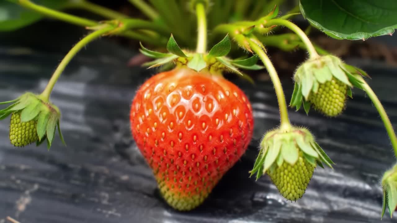 Ripening Strawberry Plant: A Close-Up of a Juicy Red Strawberry Surrounded by Unripe Green Berries Highlighting the Transition of Growth Stages