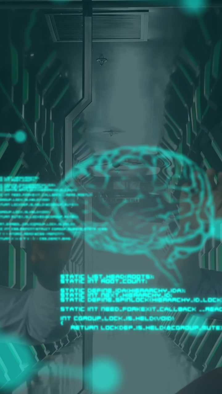 Scientific data with man wearing VR headset in a background 4k