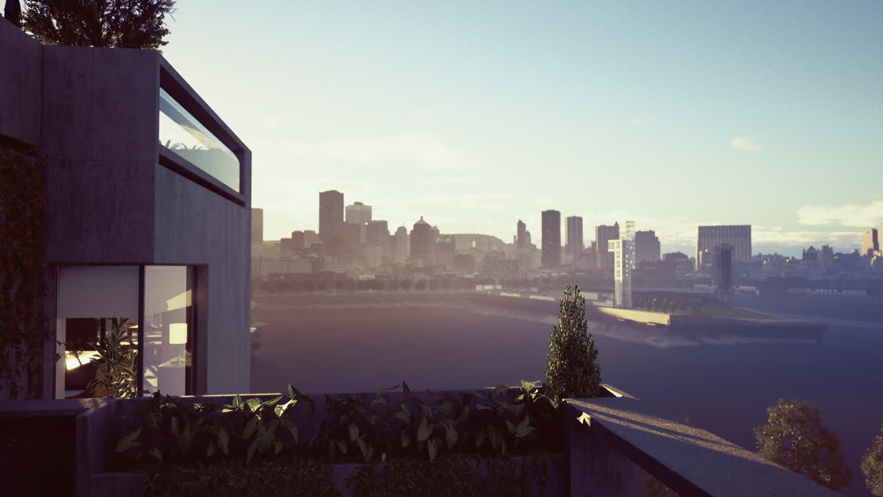 Vista da paisagem urbana de um edifício moderno sob a luz do fim da tarde