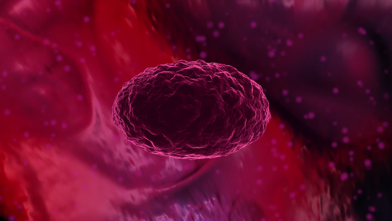 3D Mpox virus floats in crimson red human blood stream cell simulation
