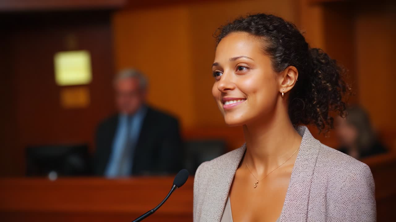 Confident Young Woman in Professional Setting Delivering Speech in Courtroom, Engaging Audience with Compelling Delivery, Emphasizing Poise and Authority While Conveying Key Messages Effectively