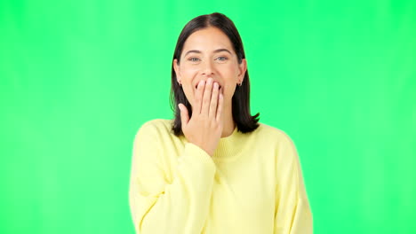 shock, surprise and face of woman on green screen