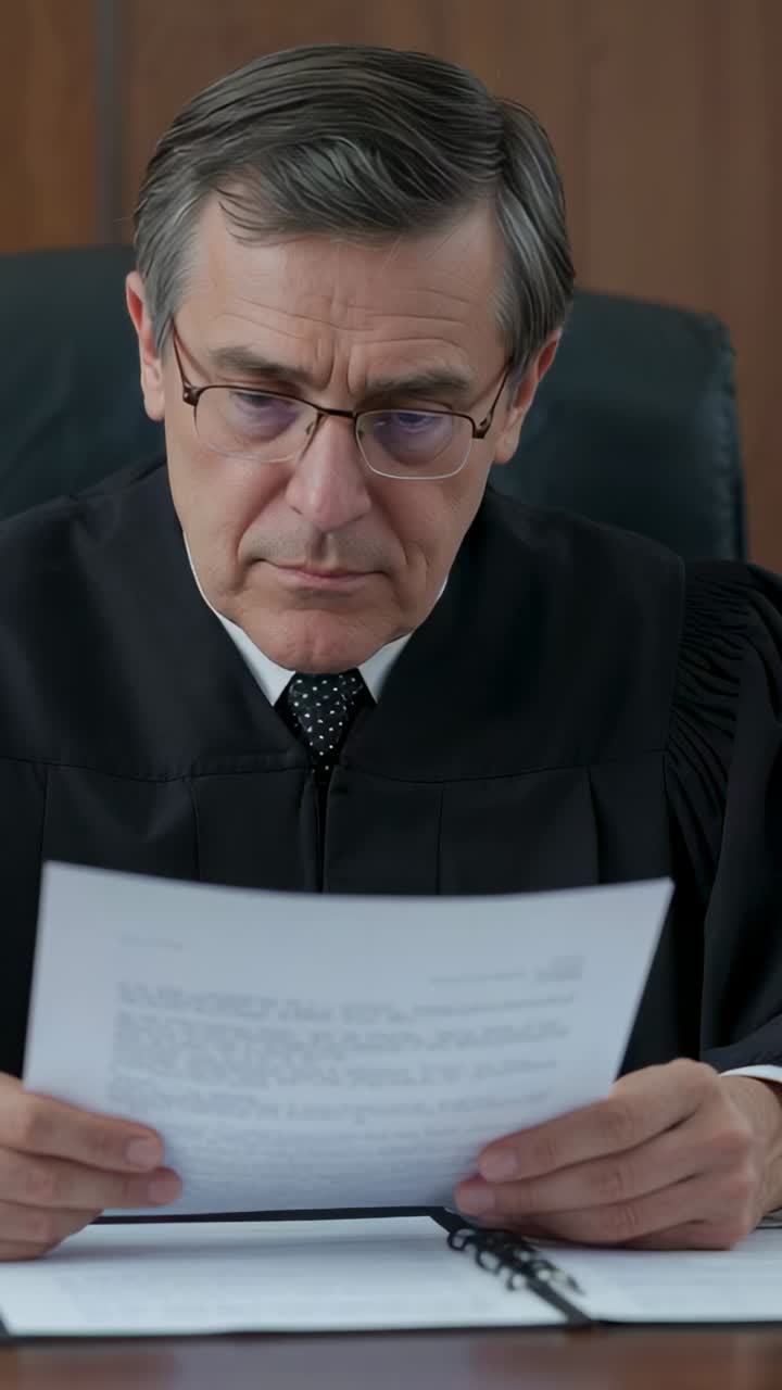 Vertical video: Reading judge wearing black robe scanning paper at courtroom desk, preparing ruling