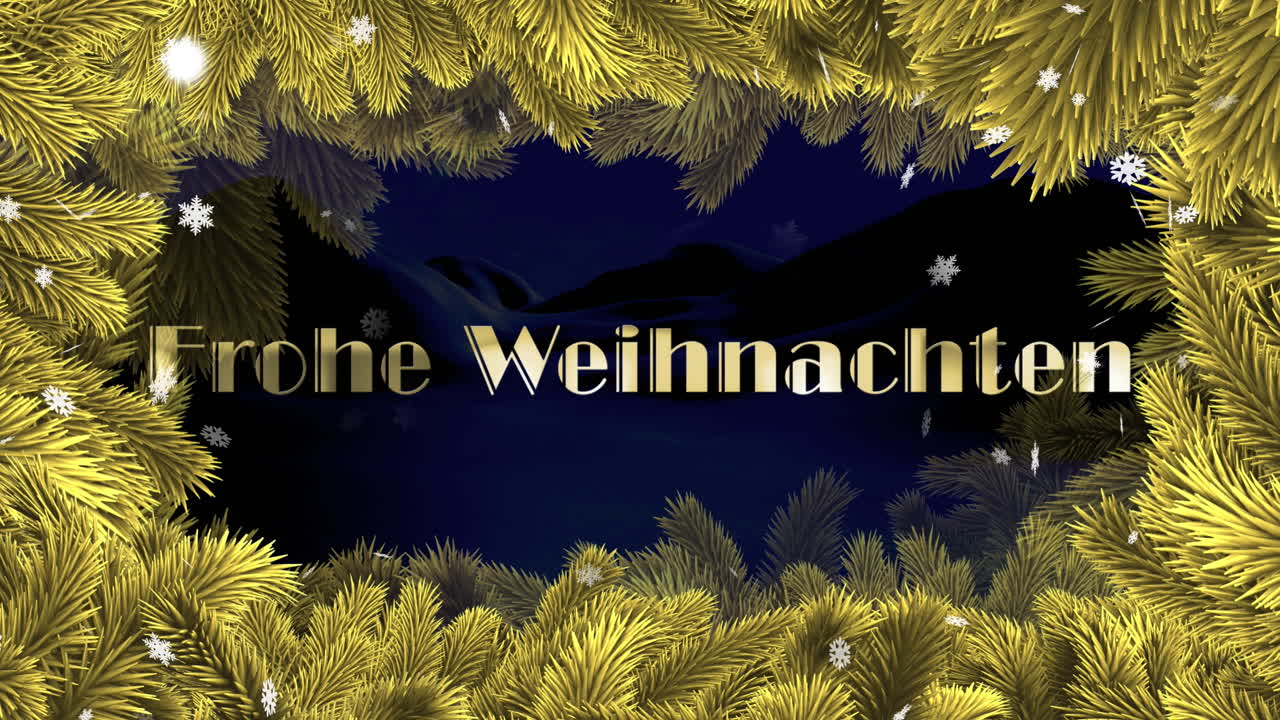 анимация текста frohe wihnachten над ветвями и зимним пейзажем на заднем плане