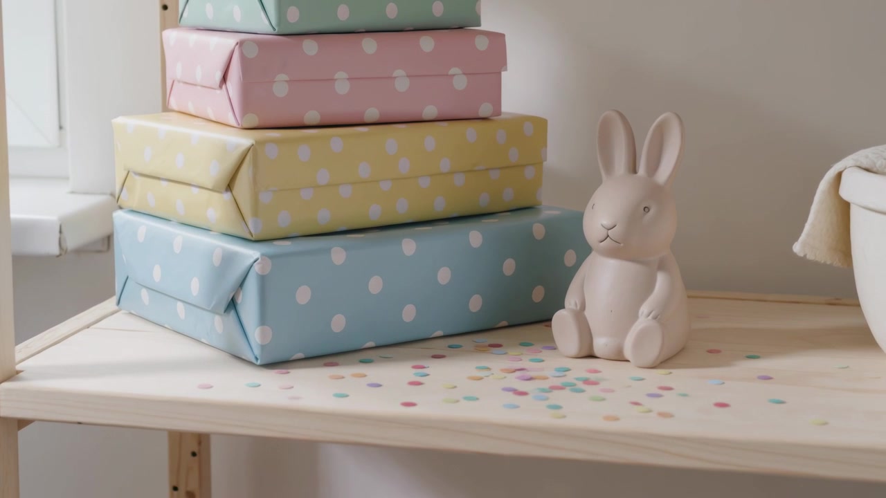 Falling confetti drifting from window covering pastel polka boxes and matte rabbit on nursery shelf