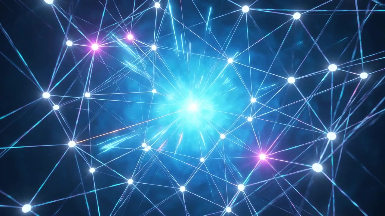 Pulsing network sending cyan rays and orange streaks in navy space as core surges, magenta-nodes