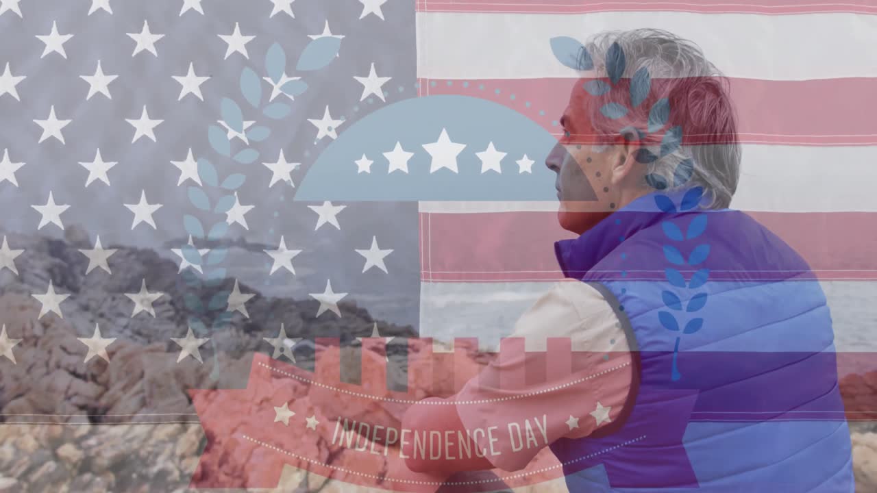 바위 위에 앉아 있는 고위 백인 남성 위의 독립기념일 텍스트의 애니메이션