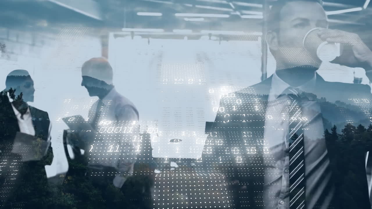 사무실에서 다양한 비즈니스 사람들 위에서 이진 코딩 데이터 처리의 애니메이션