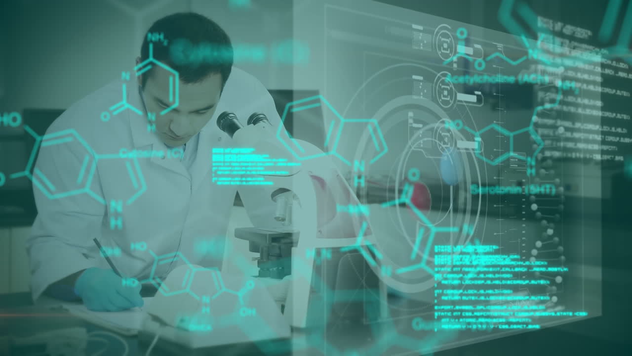 animación de procesamiento de datos y fórmulas químicas sobre un trabajador de laboratorio masculino biracial