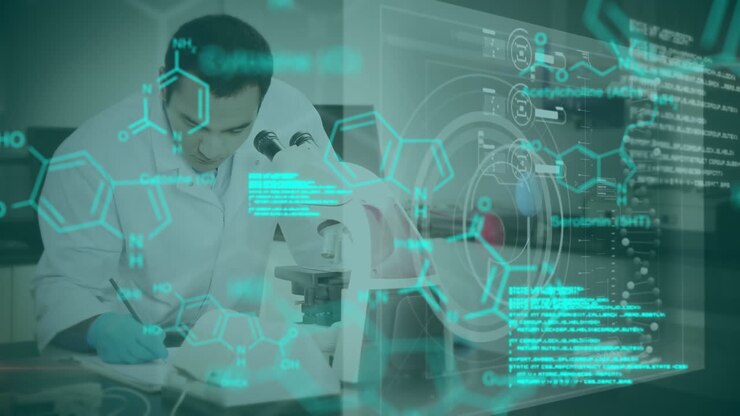 Animation of data processing and chemical formulas over biracial male lab worker