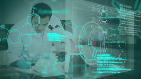 Animation of data processing and chemical formulas over biracial male lab worker