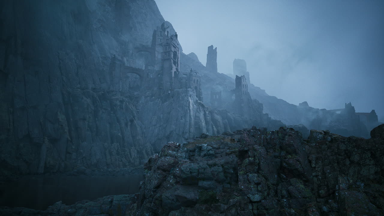 Ancient ruins shrouded in mist with rugged cliffs and dark waters
