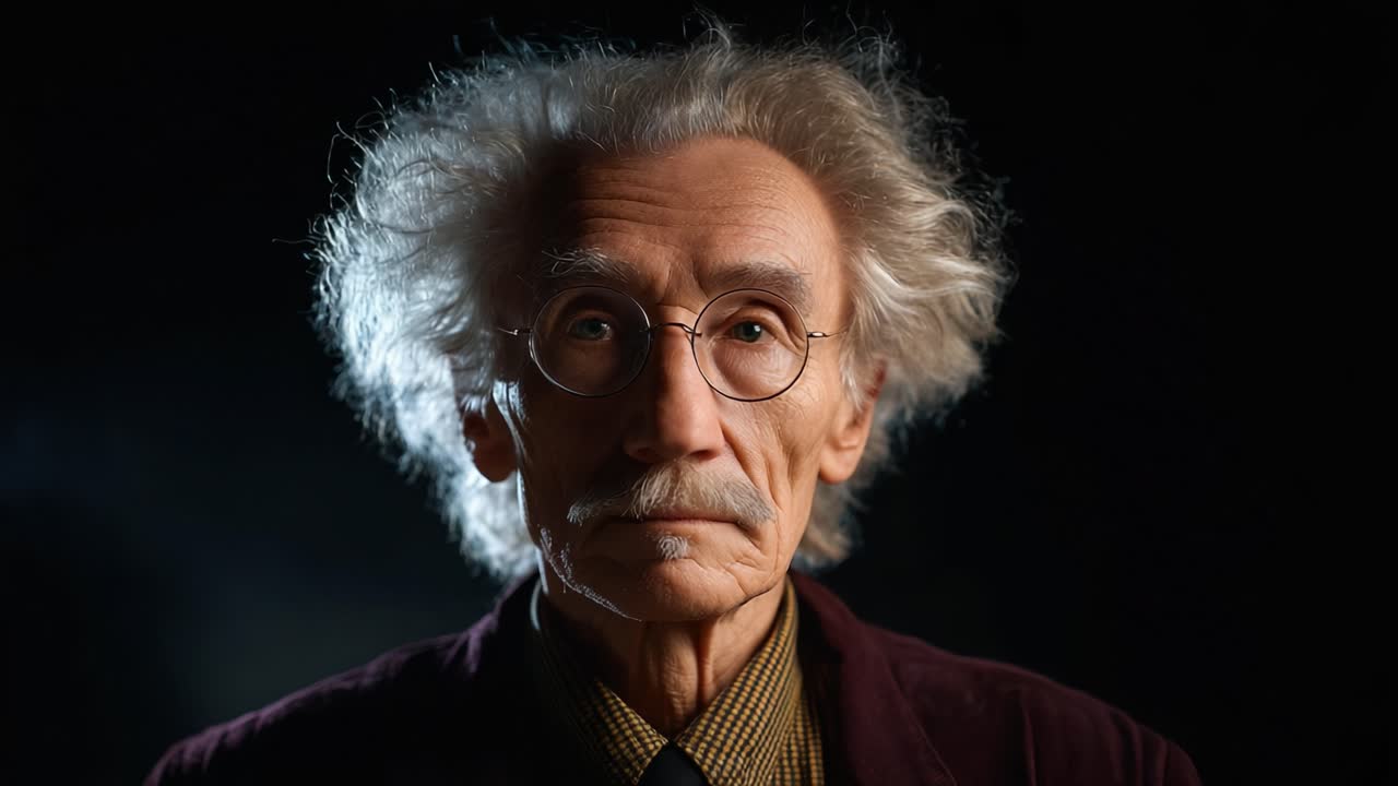 Ritratto di un uomo anziano con capelli e occhiali particolari, catturato in un'illuminazione drammatica, che rappresenta saggezza, esperienza e atemporalità in un ambiente da studio