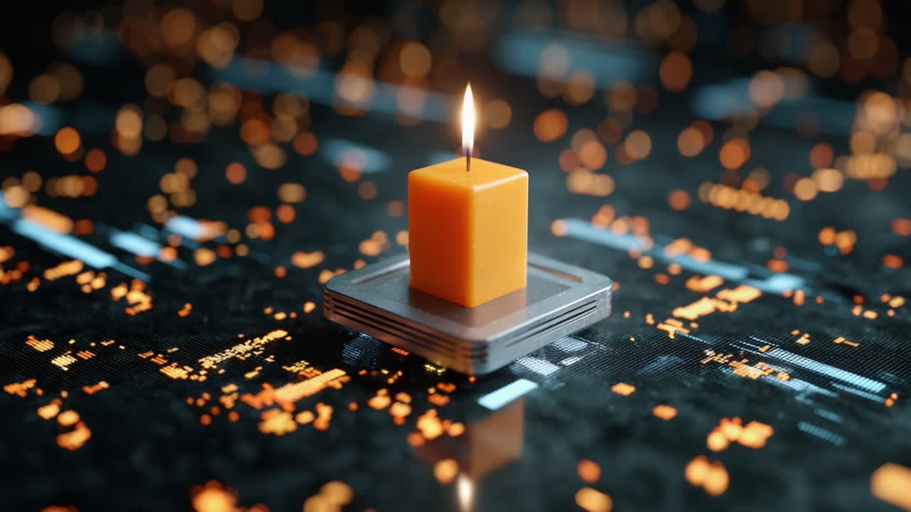 Una candela arancione ipnotica tremola su un'elegante piattaforma digitale, proiettando una luce calda su uno sfondo di modelli astratti e illuminati in un ambiente futuristico