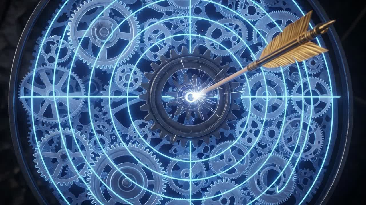 An Intricate Combination of Mechanisms and Precision: A Close-Up View of the Circular Gear System with a Golden Arrow Pointing Directly at the Core Gears