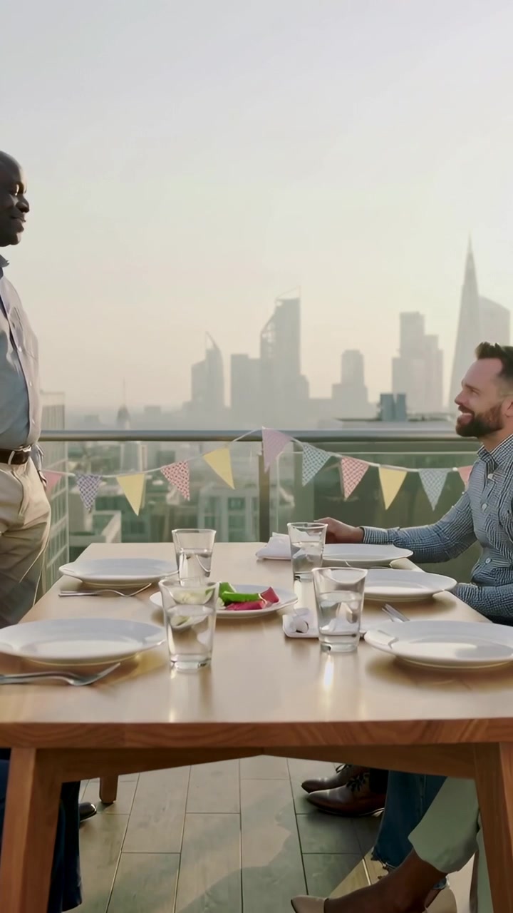 Vertical video: Rising left man in shirt, leaning forward greeting seated man on rooftop with table