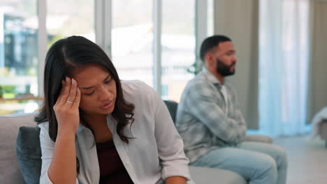 upset, argument and angry couple on a sofa