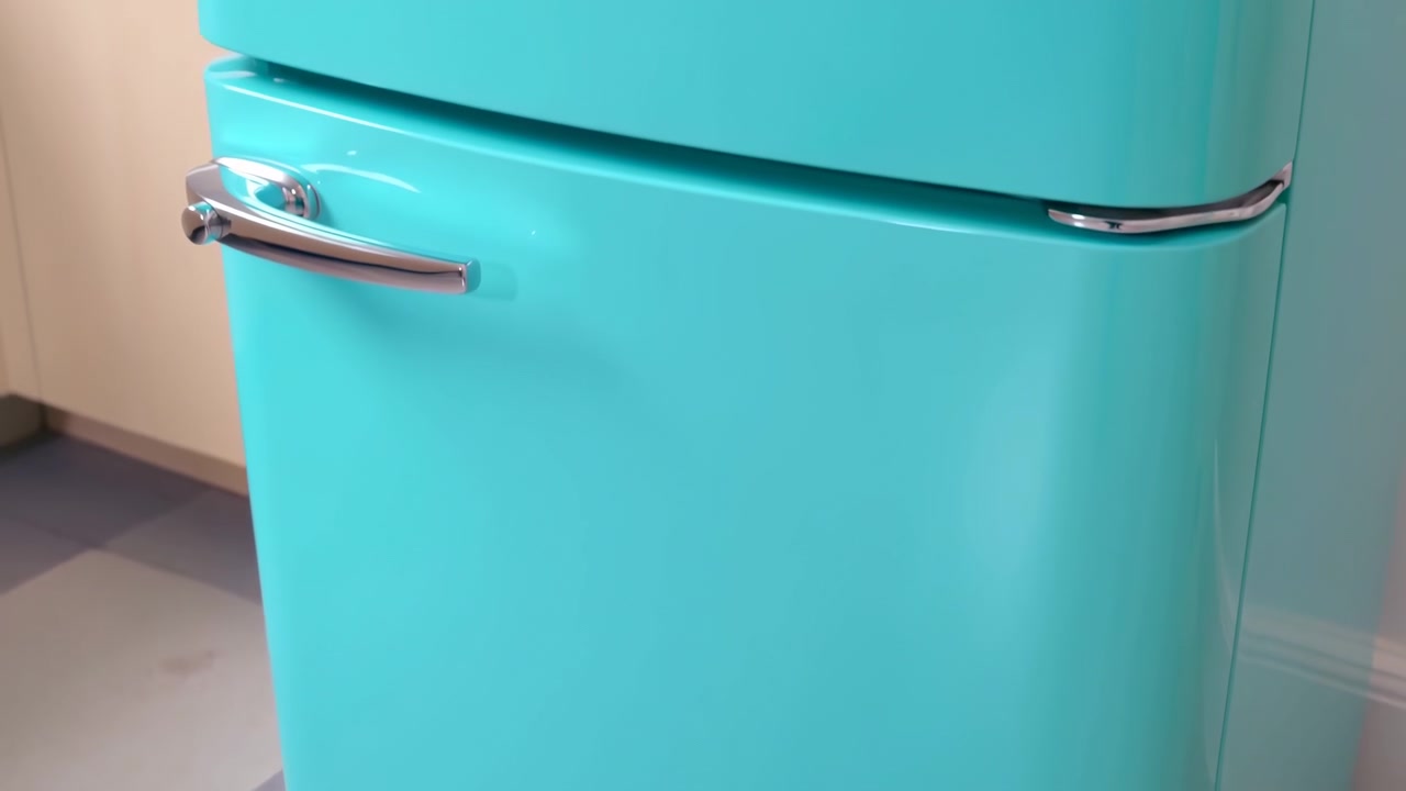 Close-up turquoise refrigerator doors with chrome horizontal handle, rounded retro styling, glossy finish, narrow seam between sections, soft reflections, and bright kitchen interior with neutral