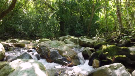 Low-flying-drone-footage-over-boulders-and-rocks-of-a-clear-creek-in-a-forest