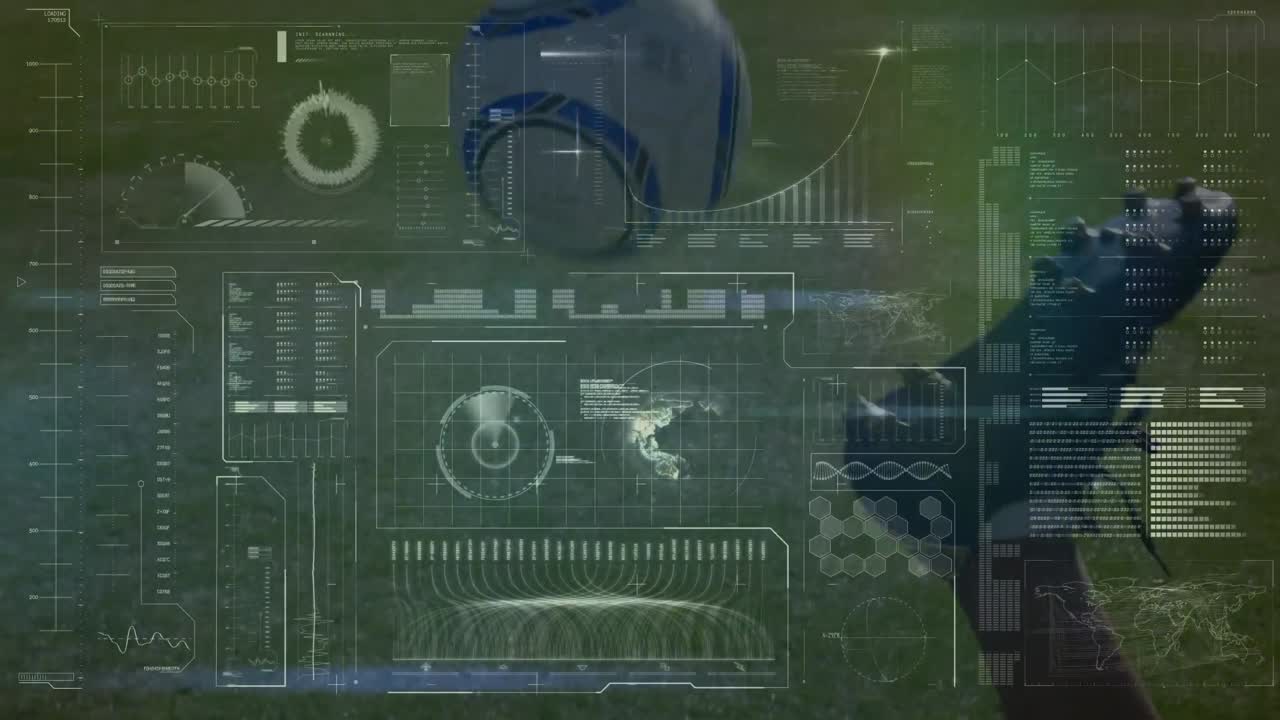 녹색 배경에 데이터 처리 위에 떨어지는 기술 아이콘의 애니메이션