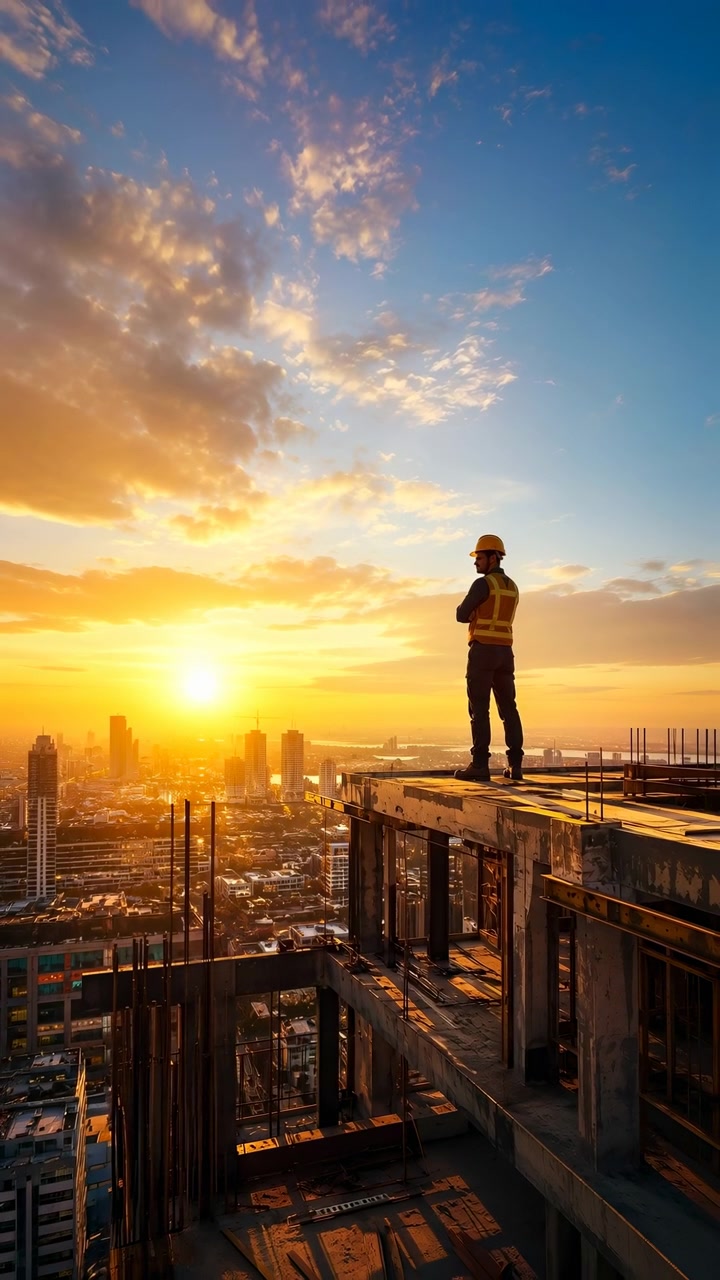 Un trabajador permanece de pie sobre la estructura de hormigón expuesta de un edificio sobre un denso horizonte urbano, silueteado por el sol dorado bajo mientras un chaleco de seguridad reflectante y un casco permanecen visibles.