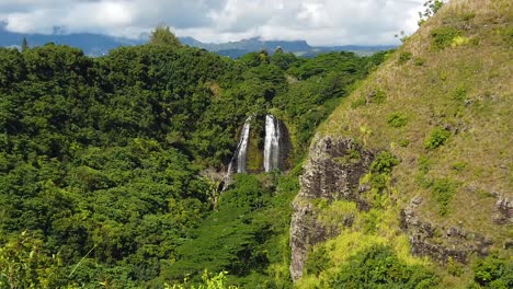 HD-Slow-motion-Hawaii-Kauai-'Opaeka'a-Falls-static-wide-shot-white-bird-flies-through-frame-right-to-left-with-mostly-cloudy-sky