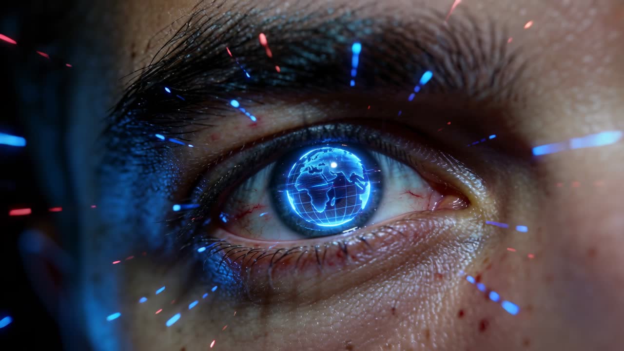 Activating eye implant, man projecting blue globe in pupil in lab with UI panels for data