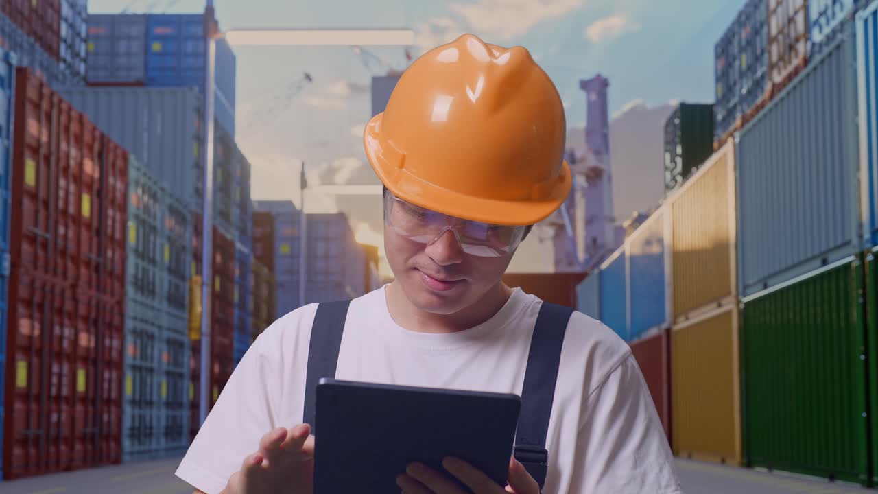 primer plano de un trabajador asiático con gafas de protección y casco de seguridad sonriendo y usando una tableta mientras está de pie en un almacén de contenedores